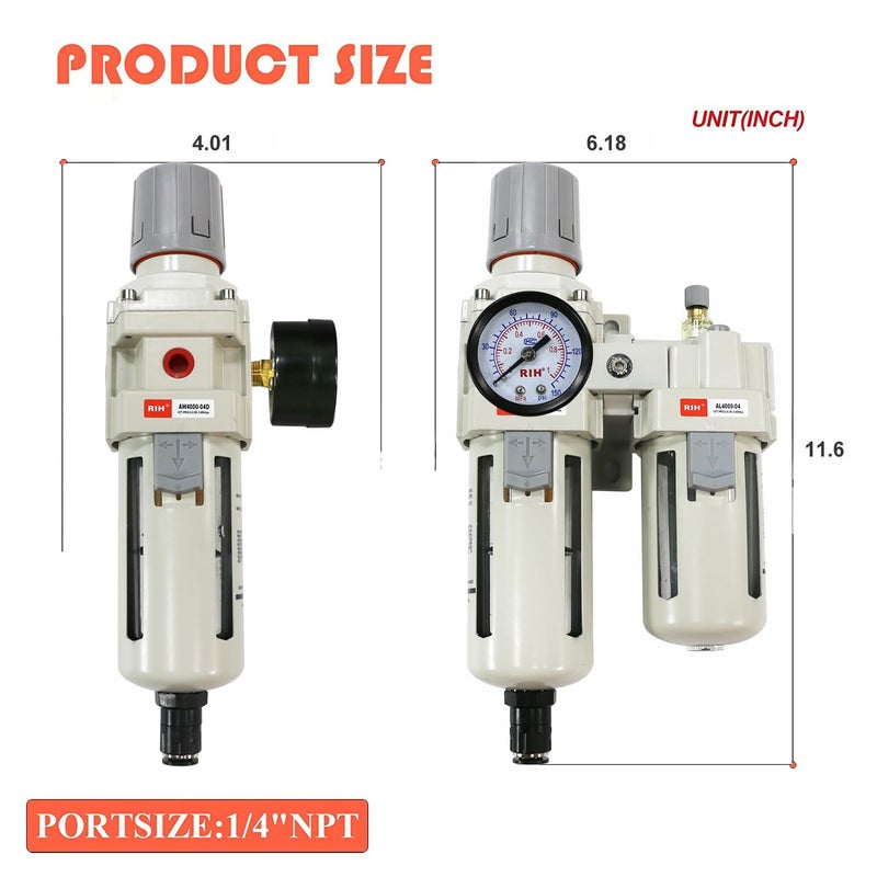 RIH Store Pneumatics Compressed Air Filter Regulator Lubricator Combo Water/Oil Trap Separator - Gauge(0-150 psi), Semi-Auto Drain, Poly Bowl,Bracket - 3 in 1 Two Unit (1/2“ NPT Auto Drain) - Image 2